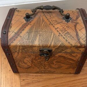 Vintage Map Print Jewelry Chest with Brass Hardware
